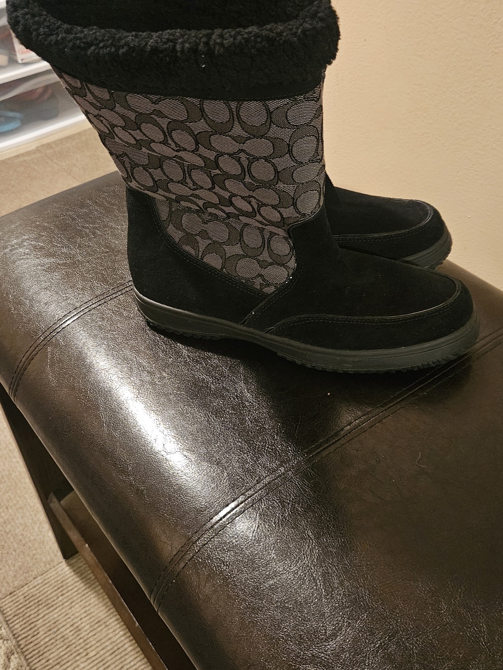 Coach Black Signature Pattern Shearling-Trim Winter Boots